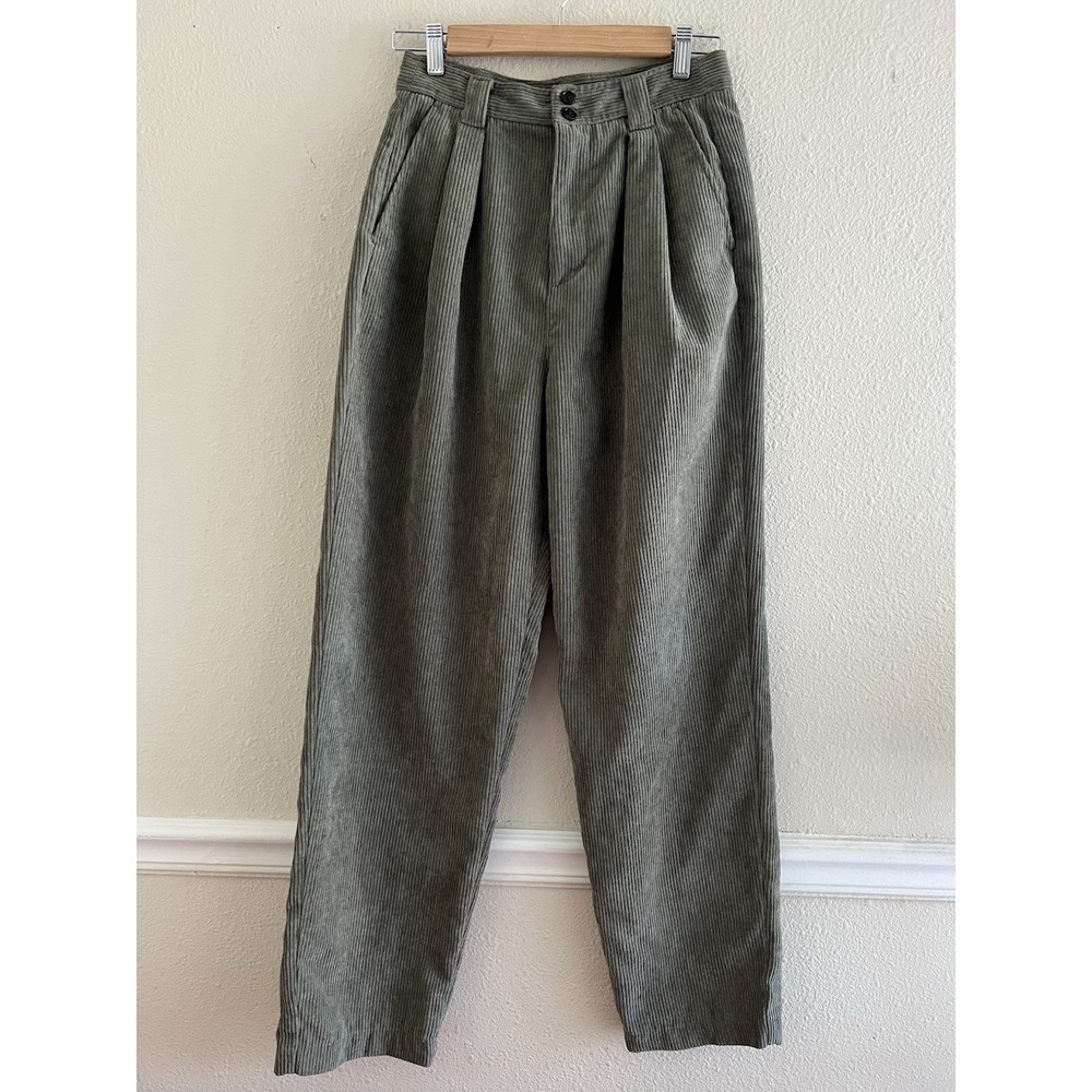 Madewell Womens Size 2 High Rise Pleated Corduroy Pants Olive Green Tapered Leg